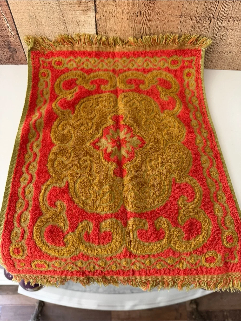 Vintage MCM Ornate Small Hand Towels in Olive Green, Orange and Mustard